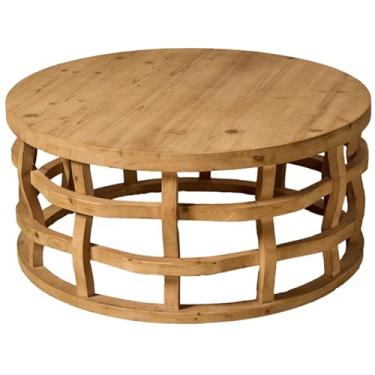 Imagem de 1 peça de mesa de centro rústica, mesa central de madeira redonda para sala de estar, móveis de sala central, fácil de montar, design moderno, para apartamento (tamanho: 80 cm P x 80 cm L x 36 cm A