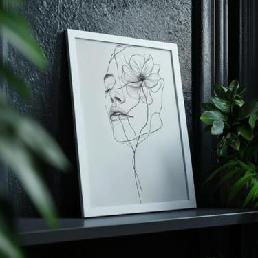 Imagem de Quadro Decorativo Rosto Flor Minimalista Com Moldura Arte Feminina Linhas Delicadas Moderna Abstrata Desenho Preto e Branco