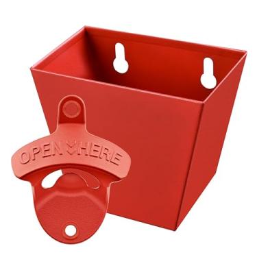 Imagem de HAIICEN Abridor de garrafa vermelho e suporte de parede para apanhador de tampas, abridor de tampa de cerveja de aço inoxidável e suporte superior para festa e churrasco