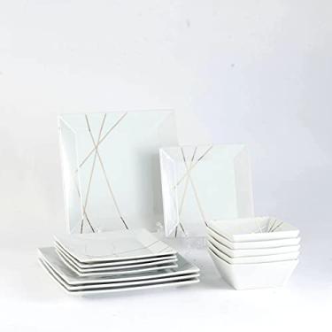 Imagem de DOMINI Conjunto de louça de cozinha de 12 peças, serviço para 4, conjunto de jantar de pratos de porcelana, conjuntos de louça quadrada com pratos de jantar, pratos de sobremesa e tigelas de massa