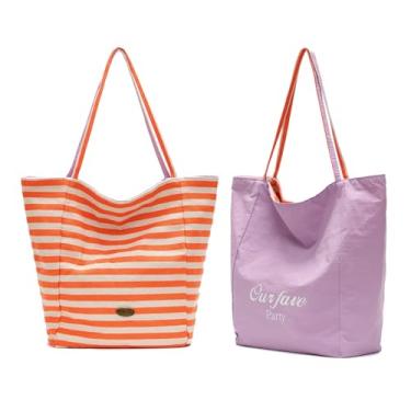 Imagem de Xofuru Sacola dupla face grande capacidade Fresh Color Block listrada bolsa de lona menta Mambo bolsa de ombro casual bidirecional, Listra laranja/roxo