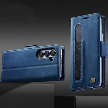 Imagem de Capa tipo carteira para Samsung Galaxy Z Fold6 com suporte para caneta e compartimento de couro (para Samsung Galaxy Z Fold6/azul)
