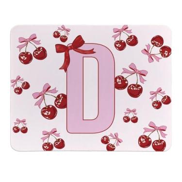 Imagem de Rusenbao Lindo mouse pad de cereja personalizado, pequeno e fofo coquete rosa com laço para mulheres e meninas, mousepads iniciais personalizáveis para laptop, computador, escritório, 24 x 19 cm