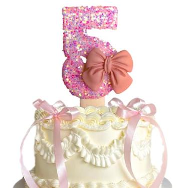 Imagem de Vela de aniversário com laço de glitter rosa, sem fumaça, ecológica, não tóxica, moderna, numérica, 8 cm x 4 cm, 1 unidade - 5