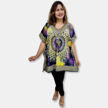 Imagem de Bata Kaftan Indiana Saída de Praia Estampa Flores e Mandala - Sarat Mo