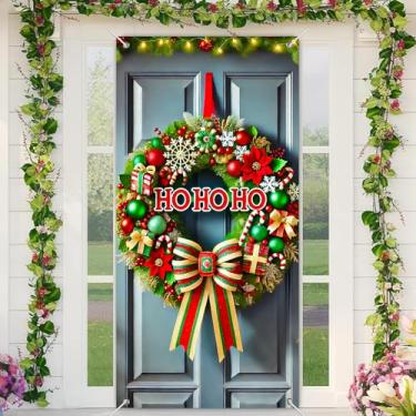 Imagem de BlissYard Capa de porta de Natal, guirlanda festiva de 89 x 188 cm com bengalas de doces e presentes de tecido de poliéster para decoração alegre de entrada de casa e celebração de feriado