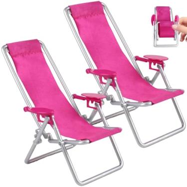 Imagem de Cadeira de praia para casa de bonecas, 2 peças, cadeira de casa de bonecas dobrável realista com apoio de braço, boneca miniatura de plástico para decorações