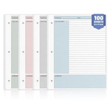 Imagem de 100 folhas coloridas de papel de folha solta de notas Cornell 21 x 28 cm para fichário de 3 anéis, tamanho carta, sistema de enchimento, papel pautado para faculdade, caderno, para escola, escritório