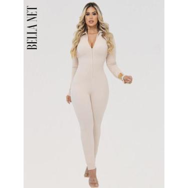 Imagem de Macacão feminino longo gola alta com zíper canelado premium macacão Vi