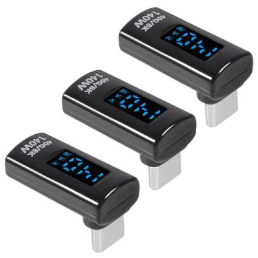 Imagem de Pacote com 3 adaptadores USB C de 90 graus com tela digital, conector USB-C macho para fêmea de ângulo reto de 140 W, corrente e tela LED inteligente de energia para iPhone 16/15, MacBook, suporta