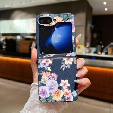 Imagem de Capa para Samsung Galaxy Z Flip6 com estampa floral, textura de couro, dobrável, capa de TPU macio (para Samsung Galaxy Z Flip6/A743, azul)