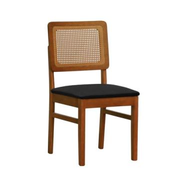 Imagem de Cadeira Lyon Madeira Maciça Encosto Telinha Amêndoa - Amêndoa - Assento Estofado Linho Preto Textura