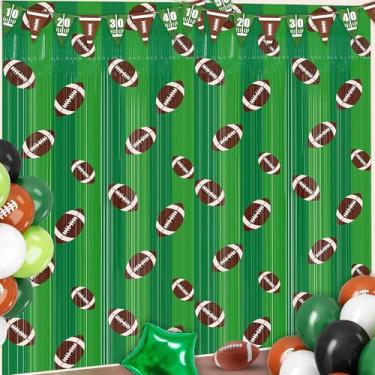 Imagem de Pacote com 4 cortinas de franja de folha de futebol americano, 8,5 x 1,5 m, cortina de tinsel temática de futebol, vaporizador, verde, marrom, bola de futebol, decoração de festa de casamento
