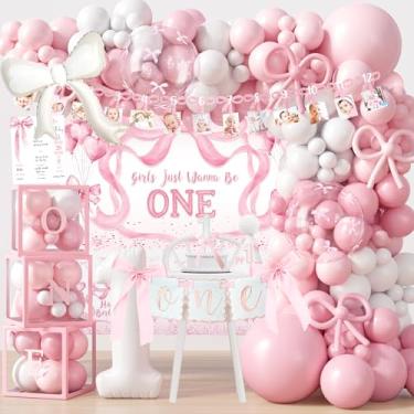 Imagem de Decorações de 1º aniversário com laço rosa, artigos de festa de primeiro aniversário para meninas, caixa de balão rosa branco arco balão meninas só querem ser um pano de fundo banner cadeira alta