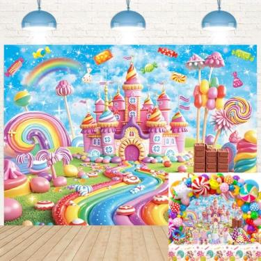 Imagem de Sweet Candyland Pano de fundo arco-íris castelo pirulito sorvete fotografia fundo menina princesa crianças faixa de aniversário decoração de mesa de bolo chá de bebê 20 x 1,8 m
