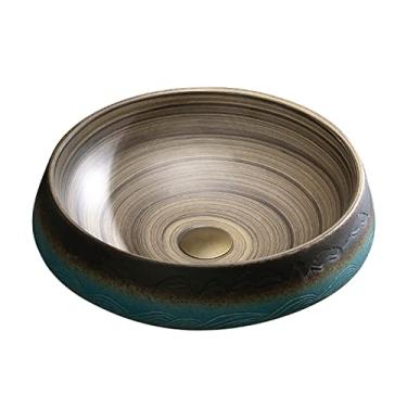 Imagem de CLoxks Bacia de pia de vaso de banheiro vintage com gravação à mão, pia redonda de cerâmica, pia de banheiro sob montagem, ideal para lavatório doméstico acima do balcão pia