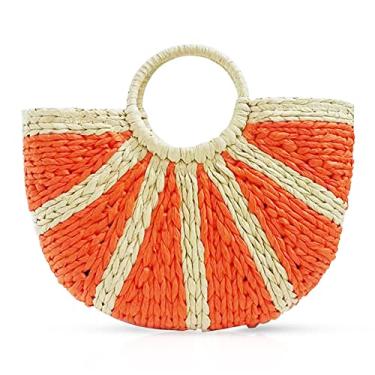 Imagem de QTKJ Bolsa tiracolo de palha de vime semicírculo, bolsa tiracolo de palha retrô de verão tecida à mão, bolsa boho colorida, Laranja, 11.8''x 7.8''x 4.3''