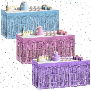 Imagem de Pacote com 3 saias de mesa rosa claro, azul e roxo, 73,7 x 274,3 cm de folha metálica com franja para mesas retangulares, cortinas de flâmula, pano de fundo, decorações de festa para aniversários