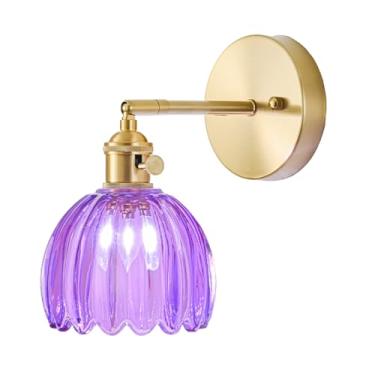 Imagem de LINSEEDS Arandela de parede com fio, arandela de parede vintage com interruptor, luminária de parede dourada com abajur de vidro roxo tulipa, luz de parede interna para quarto, banheiro, lâmpada de