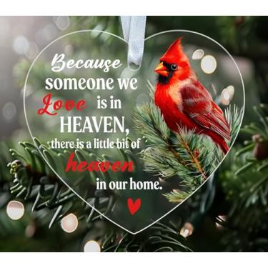 Imagem de NKPDesigns Because Someone We Love is in Heaven Heart Acrylic - Enfeite memorial cardeal vermelho - Decoração de árvore de Natal - Presente de lembrança para a família