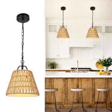 Imagem de ANQIANYUE Luminária pendente de vime em vime rústico boho com sombra de linho bambu em vime para ilha de cozinha, sala de jantar, corredor, quarto