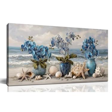 Imagem de AOZEMI Blue Beach Ocean Flower Canva arte de parede paisagem costeira floral vaso floral imagem estrela do mar pintura temática concha rústica impressão para quarto, banheiro, sala de estar