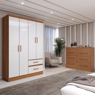 Imagem de Guarda-Roupa Solteiro Europa 4 Portas 2 Gavetas e Cômoda 6 Gavetas Cinamomo/Off White - Panorama Móveis