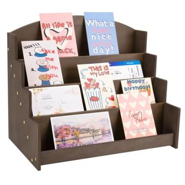 Imagem de Aubeco Suporte de exibição de cartão comemorativo de madeira de 4 camadas, suporte organizador de adesivos, prateleira de fotos de varejo para coleção de artesanato, lojas de varejo, cartões postais