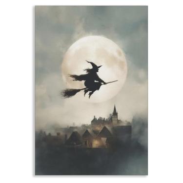Imagem de Arte de parede em tela de bruxa na vassoura voando sobre a lua, pôster de bruxa escura temperamental, estampa de castelo assombrado, decoração de parede gótica escura Academia para sala de estar 20 x