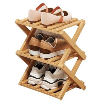 Imagem de Buric Sapateira de bambu natural de 3 níveis, organizador de armazenamento de sapatos dobrável para economia de espaço, fácil montagem e design forte organizador de prateleira de sapatos para armário