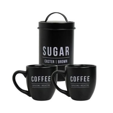Imagem de Conjunto De Pote Lata Preto Açúcar Sugar Com Canecas Casal Café Da Man