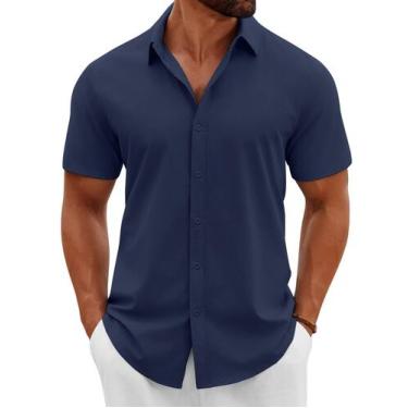 Imagem de Camisa masculina COOFANDY com botões desdobrados, manga curta, azul ma