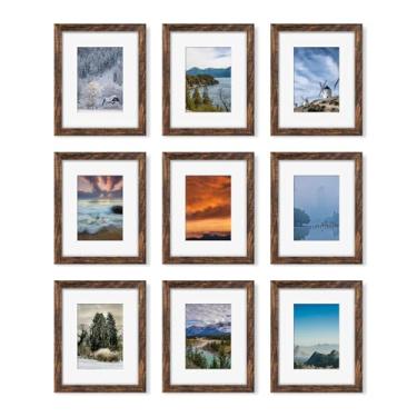 Imagem de YESKAY Conjunto de 9 porta-retratos 20 x 25 cm, exiba imagens 13 x 17 com tapete ou 20 x 25 sem tapete, molduras multifotos para montagem na parede ou exibição de mesa, marrom rústico