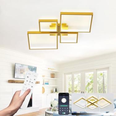 Imagem de Luminária de teto LED quadrada dourada moderna com 4 lâmpadas reguláveis e função de memória para sala de estar, quarto e sala de estar, 73 cm