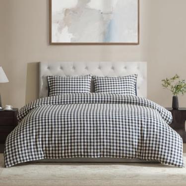 Imagem de DAPU Capa de edredom de linho, Queen, xadrez xadrez xadrez 100% lavado com fecho de envelope, conjunto de capa de edredom de linho macio, padrão geométrico quadriculado em azul marinho e branco