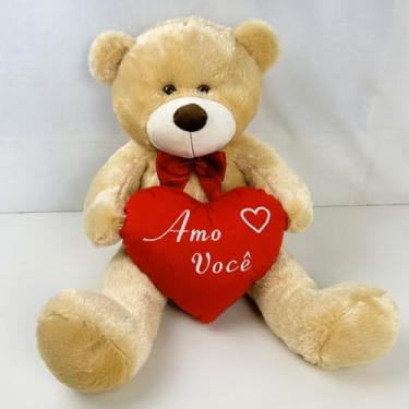 Imagem de Urso Pelúcia Grande com Coração 'Amo Você', 50cm, Antialérgico, Cores (Doce de leite com coração)
