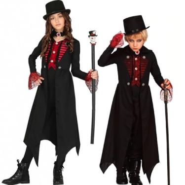 Imagem de Fantasia Halloween Infantil pra Meninas ou Meninos Roupa Vampiro Vitoriano Gótica Conde Dracula de Luxo (Preto, M 5-6)
