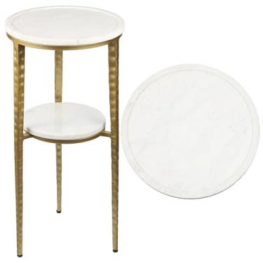 Imagem de JONATHAN Y END3004B Seraphina 63 cm Mesa de bebida industrial com moldura de metal de 2 camadas e mesa de canto decorativa com tampo redondo de mármore branco para sala de estar, quarto, escritório