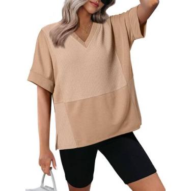 Imagem de Camiseta feminina Dokotoo Waffle Knit marrom com decote em V tamanho M