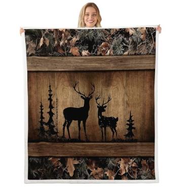 Imagem de Erosebridal Cobertor de cama rústico de lã de cabana camuflada de caça de veado cobertor solteiro 152 cm x 203 cm fazenda animal floresta sherpa cobertor para crianças meninos adolescentes homens,