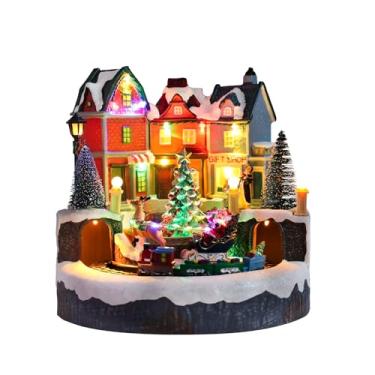 Imagem de Bdor Casa de vila de Natal com trem giratório – Decoração de mesa de Natal musical iluminada com trenó de Papai Noel e luzes LED – Decoração de cena de Natal elétrica ou a bateria, 23 x 23 cm x 23 cm