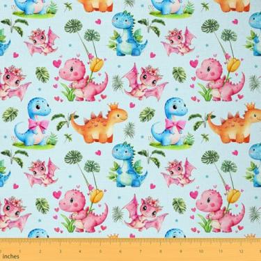 Imagem de jejeloiu Tecido de dinossauro por The Yard 1 jarda Kids 3D Dino Print 3D Dino Print Tecido estofado para cadeiras para meninos meninas adolescentes azul claro impermeável tecido externo