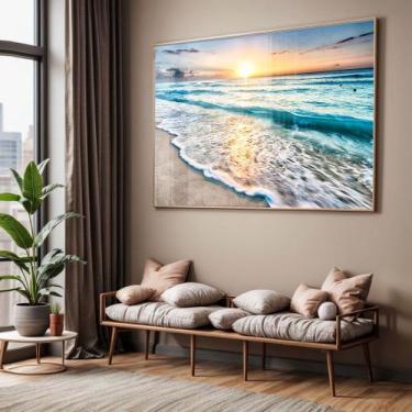 Imagem de Quadro com Moldura e Acrilico Cristal Vidro Sala Quarto Ondas Praia Ma