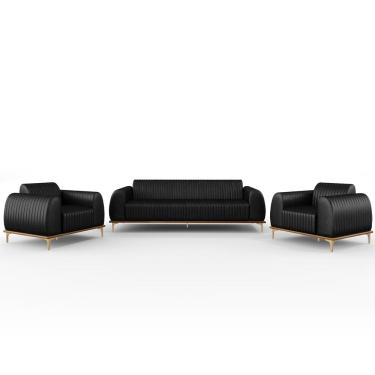 Imagem de Kit Sofá 3 Lugares 210cm Com 2 Poltronas Molino Pés D'ouro D02 Couríssimo Preto B-159 - Lyam Decor