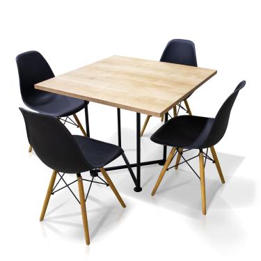 Imagem de Kit 04 Cadeiras Eiffel Preto e 01 Mesa de Jantar 04 Lugares Jade 90 cm Natural Base Metálica Industrial Preto - D'Rossi