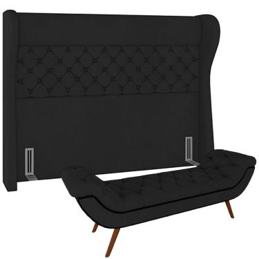 Imagem de Kit Cabeceira Cama Box Casal 160 cm Madrid com Puff Recamier Santorini Veludo Preto - Lyam Decor