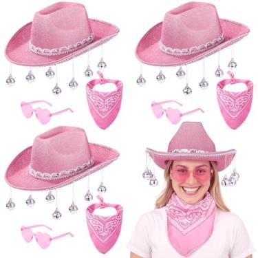 Imagem de 3 conjuntos de chapéus de vaca para meninas, chapéu de vaqueira rosa, chapéu de vaqueira discoteca para mulheres e homens, chapéu de cowboy com glitter, acessórios de festa ocidental com óculos de