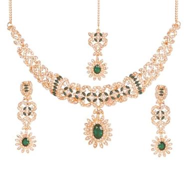 Imagem de Touchstone NOVO Indiano Bollywood Desire Tradicional Illustrious Filigrana Brilhante Strass Verde Charmoso Look Designer Joias Colar Conjunto em Tom Dourado Para Mulheres., Sem Pedra Preciosa