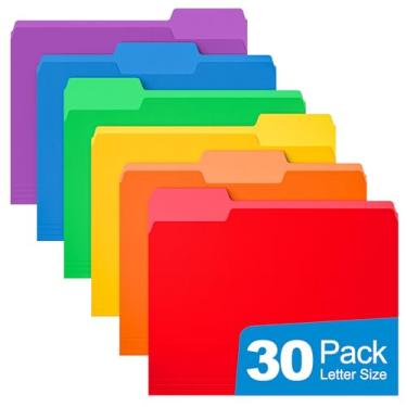 Imagem de HABGP Pacote com 30 pastas Manilla 21 x 28 cm, abas de 1/3 cortadas, tamanho carta, pastas de papel, pastas Manila, material escolar para arquivos de documentos, 6 cores sortidas