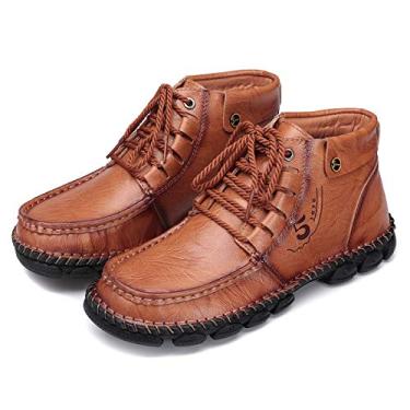 Imagem de Bigfanshu Botas de couro para homens, botas de inverno masculinas com pele sem cadarço, sapatos casuais largos, confortáveis, sapatos elegantes e respiráveis para dirigir, sapatos de caminhada de barco, tênis rasos feitos à mão, Marrom, 42 BR G